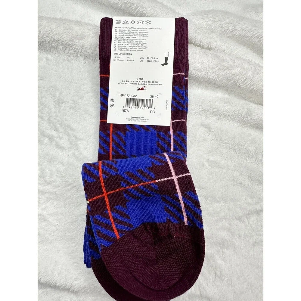Happy Socks Crew Socks 36-40 Purple Blue Plaid Pattern Combed Cotton New